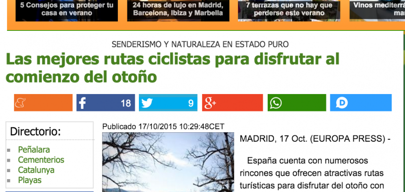 La agencia de noticias Europa Press también se hace eco de nuestra selección de rutas ciclistas para el otoño