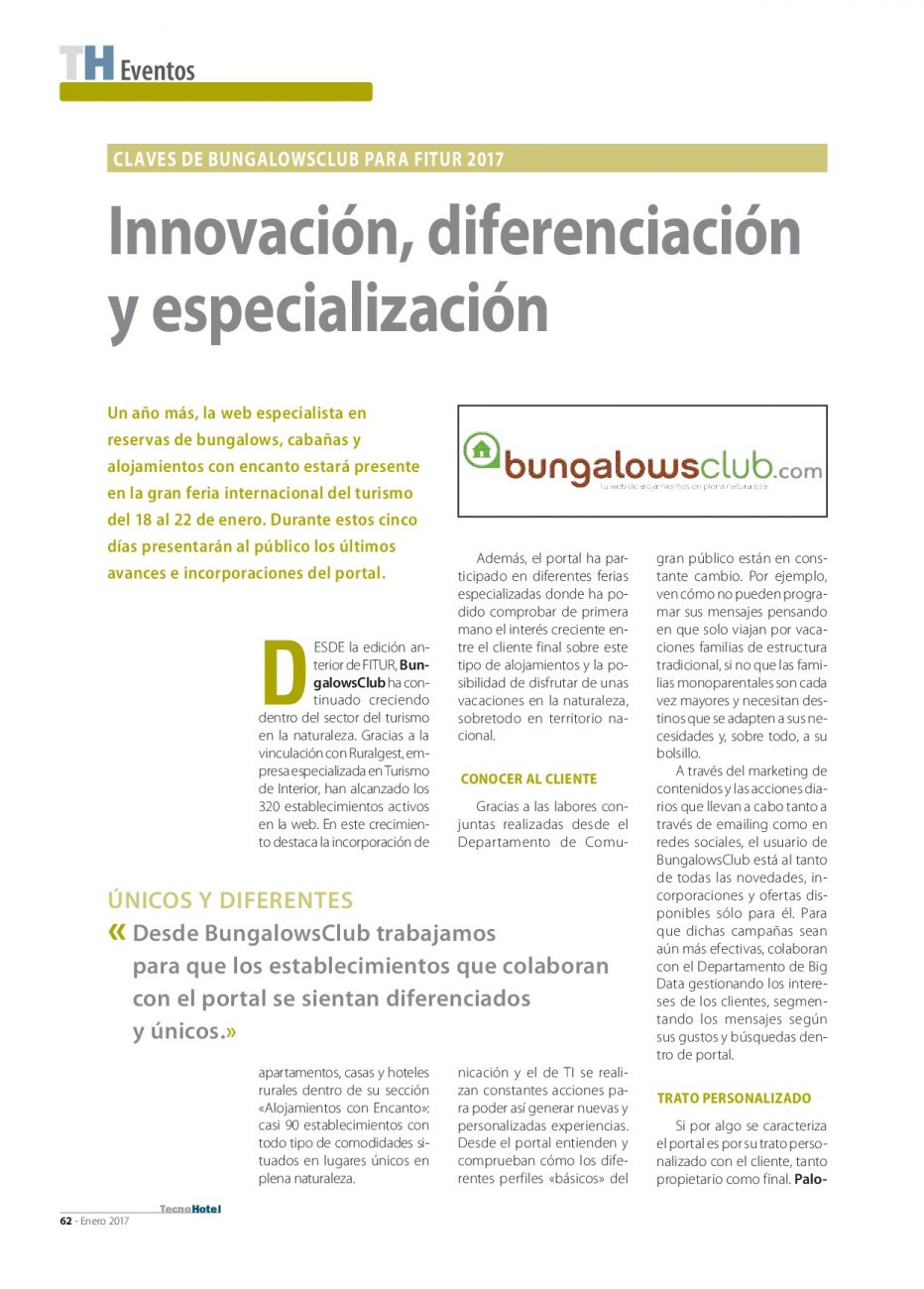 Claves de BungalowsClub para FITUR 2017 en Tecnohotel News